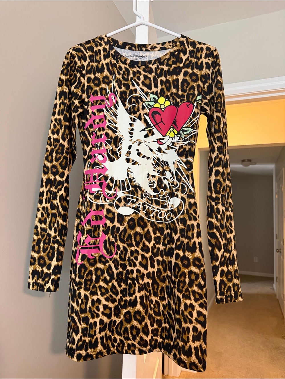 Ed Hardy Leopard  Print Long Sleeve Graphic Tunic Dress w/Heart & Eagle size XS